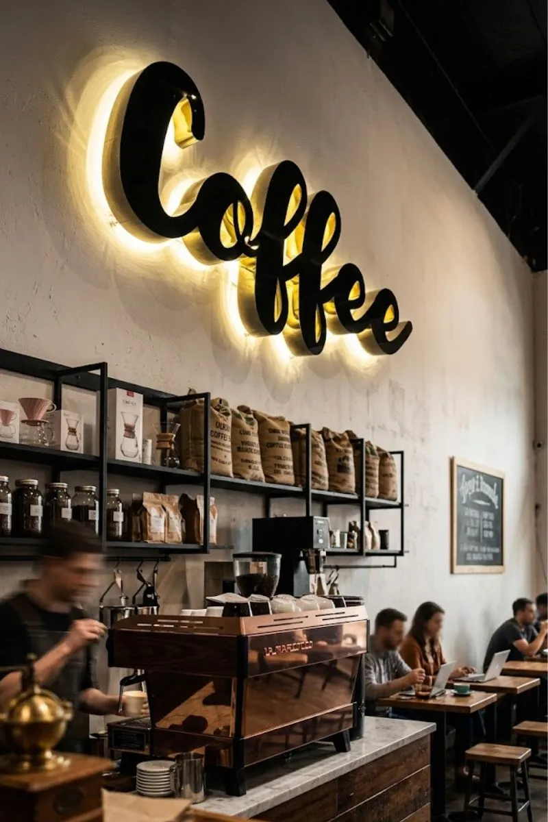 Letras corporeas doradas en dos tipos de tipografía, acompañado de una figura visual dorada en forma de una taza de café en fondo negro